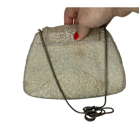 50's 60's  Vintage DeLill Beaded Evening Bag Iridescent White Purse Metal Strap - Picture 5 of 16